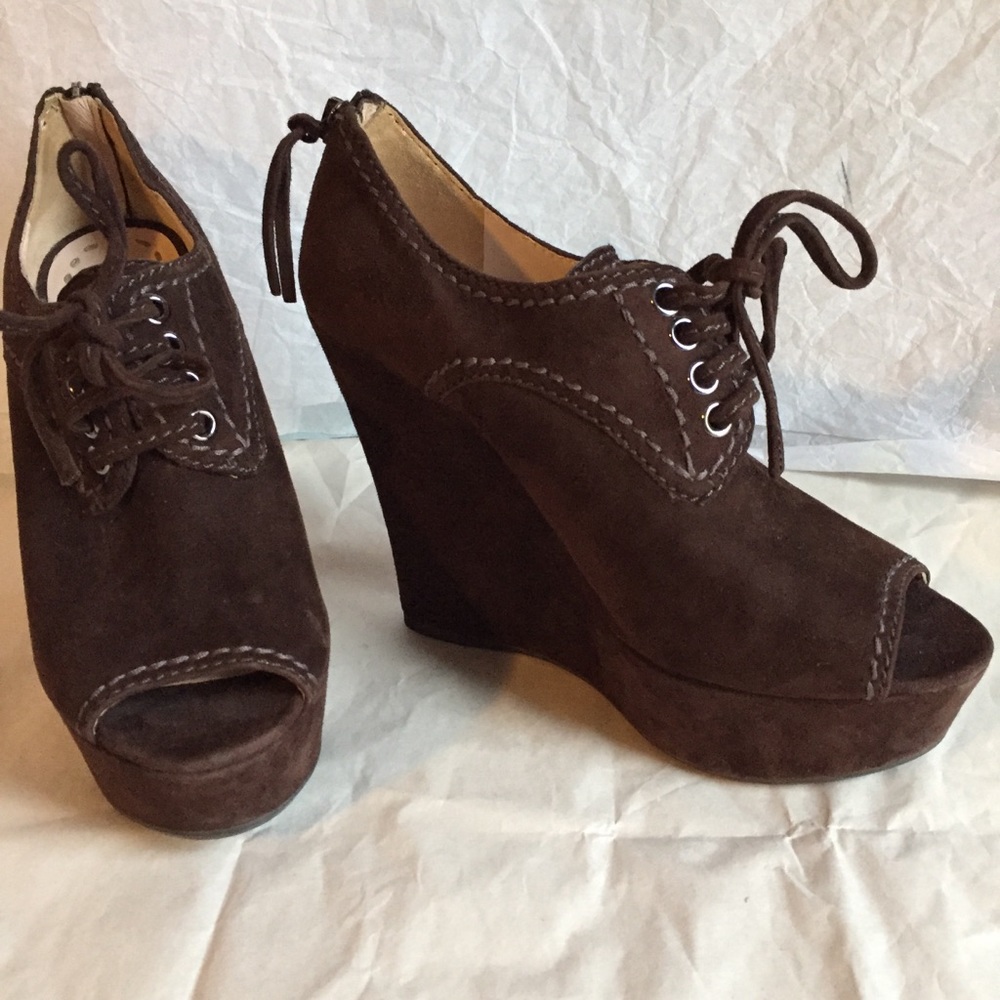 MIU MIU BROWN SUEDE WEDGES SZ-37.5